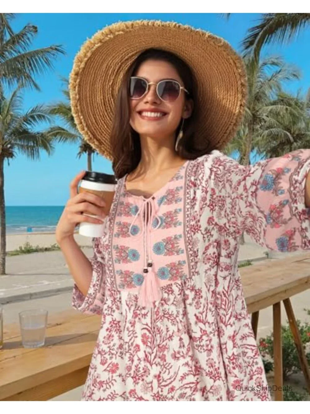 Womens Boho Babydoll Top 3/4 Sleeve Pleated Peplum Blouse V Neck Tie Front Tunic